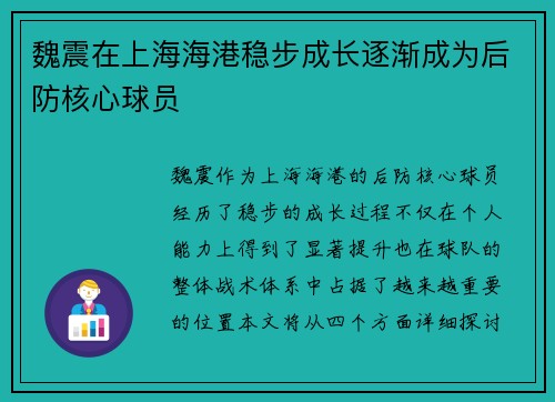 魏震在上海海港稳步成长逐渐成为后防核心球员